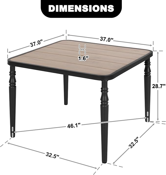 NUU GARDEN 37" Square Outdoor Dining Table, Metal Dining Table with Umbrella Hole, Wood-Grain Tabletop, Weather-Resistant for Garden, Backyard, Deck, Lawn