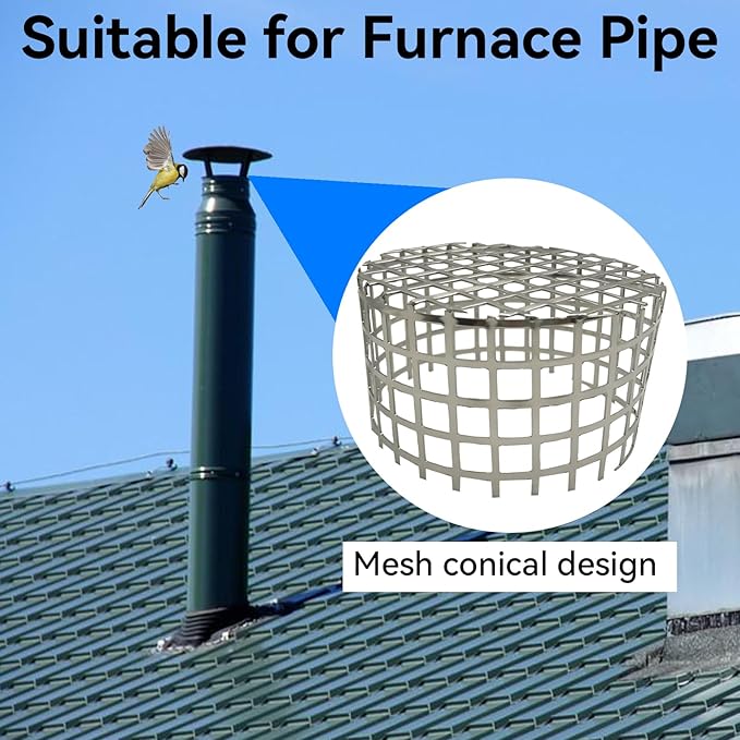 PVC Termination Mesh Vent Cover Cap, 304 Stainless Steel for 4.24" to 4.34" ID PVC Pipes – Furnace, Roof Vent, Exhaust Pipe Protector – Rustproof, Debris & Bird Guard – Conical Design for Max Airflow