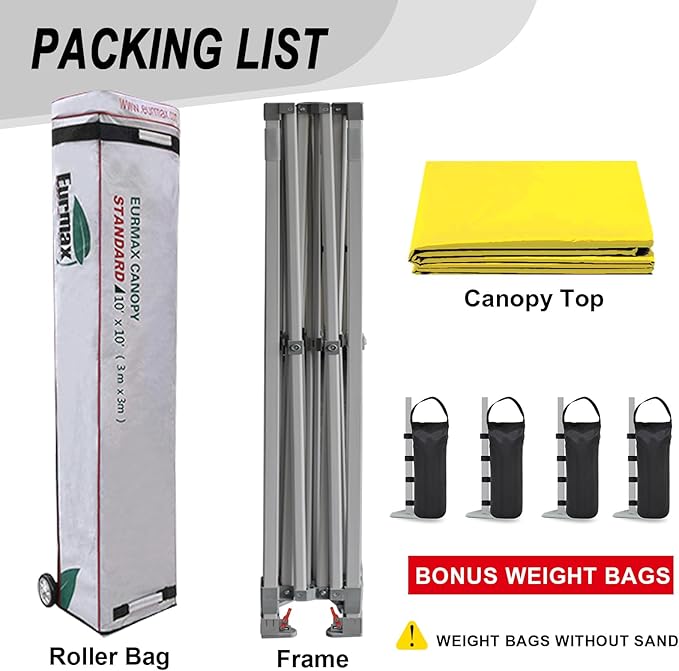 Eurmax USA Standard 10x10ft Patio Pop Up Canopy Tent for Outdoor Events Commercial Instant Canopies with Heavy Duty Roller Bag,Bonus 4 Canopy Sand Bags(Yellow)