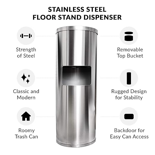 Stainless Steel Floor Stand Wipe Dispenser with Built-in Trash Can: Fits Sanitizing and Disinfecting Wipe Refill Rolls - Perfect for Gyms, Schools, Offices, Commercial Facilities