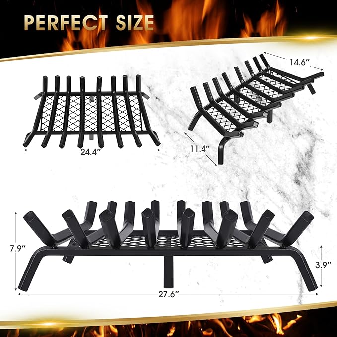 G GOOD GAIN Fireplace Grate with Ember Retainer, 28" Heavy Duty Steel Indoor, Chimney Hearth Wood Stove Rack Holder,1/2 Bar Fire Place Asseccories for Outdoor, Fire Pits, Camping.