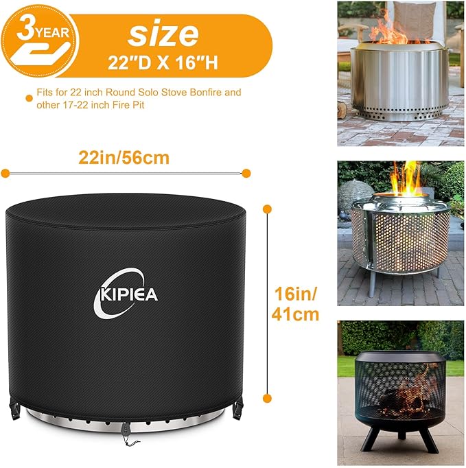 Kipiea Round Fire Pit Cover for Solo Stove Bonfire - 100% Waterproof Smokeless Fire Pit Cover, Upgraded 600D Strong Tear and UV Resistant - 22" Dia X 16" H
