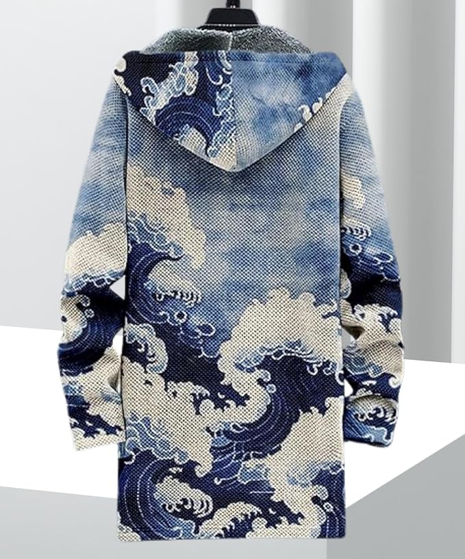 Men's Hooded Sweater Coat Knit Fleece Lined Long Cardigan Jacket with Zip Front Pocket Vintage Casual Zip Up