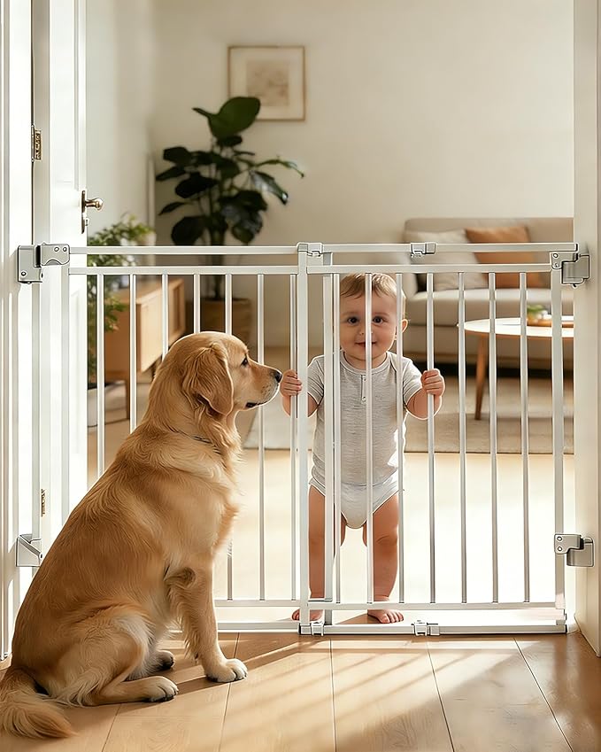 Baby Gate for Stairs Doorways & Kitchen, 26.4"-43" W x 29" H, No Bottom Bar Dog Gate, One-Handed Auto-Close, Hardware Mount Safety Gate for Dogs & Toddlers, White
