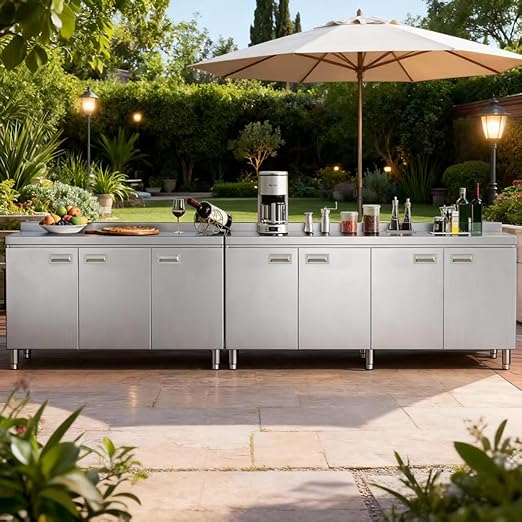 KINGBO 66.9" Stainless Steel Table Cabinet Heavy Duty Prep Table with 304 Stainless Steel Worktop Commercial Worktable Workbench with Storage Cabinet for Kitchen Garage Restaurant Outdoor