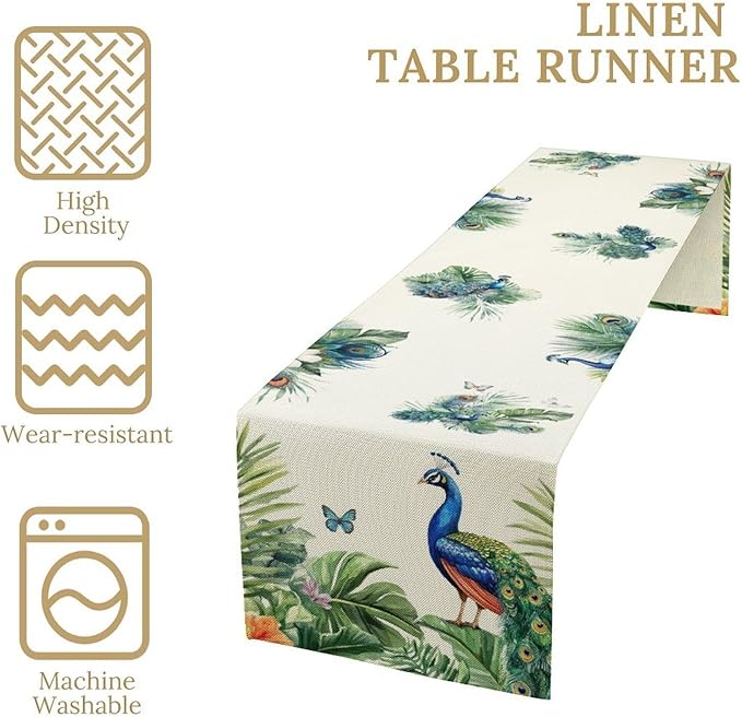 Peacock Table Runner,Traditional Chinese Style Peacock Feather Bird Floral Tropical Leaf Table Center Decor for Home Dining Kitchen Patio Holiday Party Indoor Table Decorations, 13"x90"