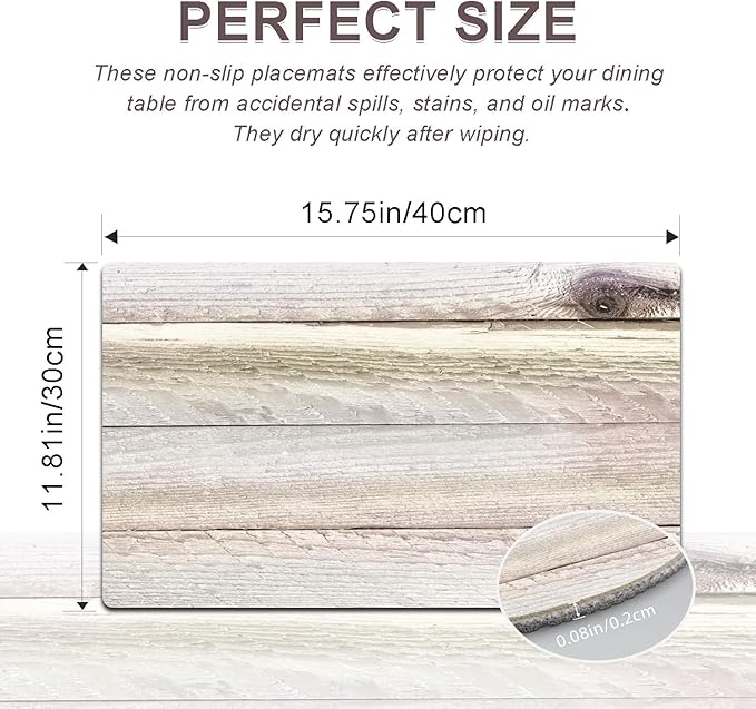 Farmhouse Placemats Set of 4 - Driftwood Faux Leather Heat Resistant Placemat for Dinner Table, Non-Slip Waterproof Oil-Proof Washable Reusable for Indoor Outdoor Kitchen Decor, 15.75In*11.81In