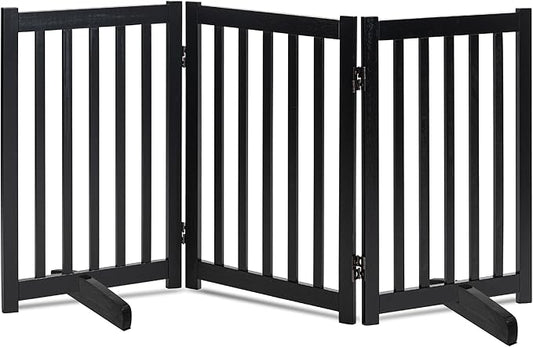 LZRS Freestanding Dog Gate 30 inch Tall - 3 Panels Solid Wooden Pet Gate for Doorways, Stairs & Hallways, Expandable & Foldable with Support Feet，Indoor Use,Black