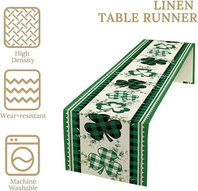 St.Patrick's Day Table Runner,Green Plaid Clover Eucalyptus Leaves Retro Linen Table Center Decor for Home Kitchen Dining Patio Holiday Party Indoor Decorations, 13"x36"