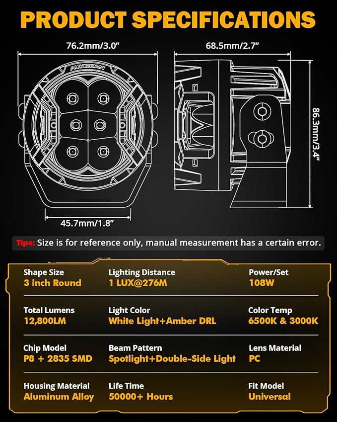 Auxbeam 3 Inch Round Driving Lights, 108W Side Shooter Offroad Pod Lights with Amber DRL, 270° Ultra-Wide Ditch Light Hyper Spot Beam Work 3 Modes White Amber Yellow Cube Pod with Covers, Pair