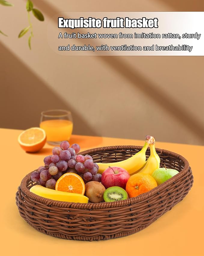 Woven Bread Basket, 3 Pack Wicker Fruit Baskets Rattan Bread Basket Poly Wicker Bread Baskets With Handles For Food Serving, Display, Vegetables, Home Kitchen, Restaurant, Outdoor (Oval set)