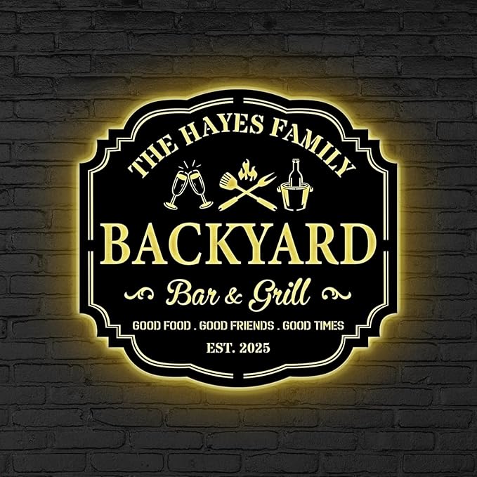 Custom Backyard Bar & Grill LED Sign – Personalized BBQ Sign, Barbecue Custom Led Bar Metal Wall Art, Grill Art Decor for Family, Patio, Home, Kitchen, Man Cave