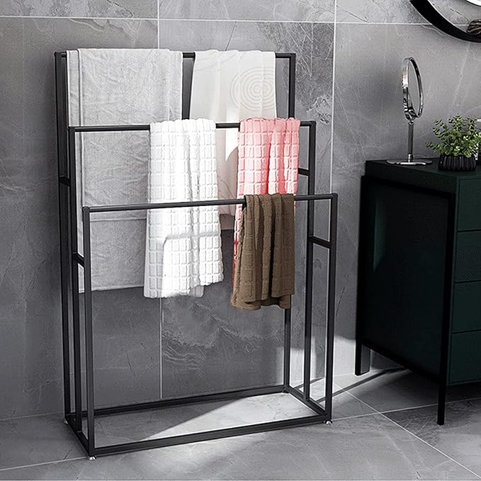 3 Tier Standing Towel Rack - Extra Wide Large Bathroom Towel Stand, Heavy-Duty Metal Towel Drying Rack for Poolside (Matte Black)