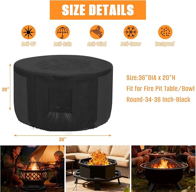 Kovshuiwe Round Gas Fire Pit Cover-600D Fabric Waterproof and Resistant Material，Fits Outdoor for 34-36 Inch Fire Pit/Table Cover, Patio Fire Bowl Cover-36 Dia x 20" H, Black