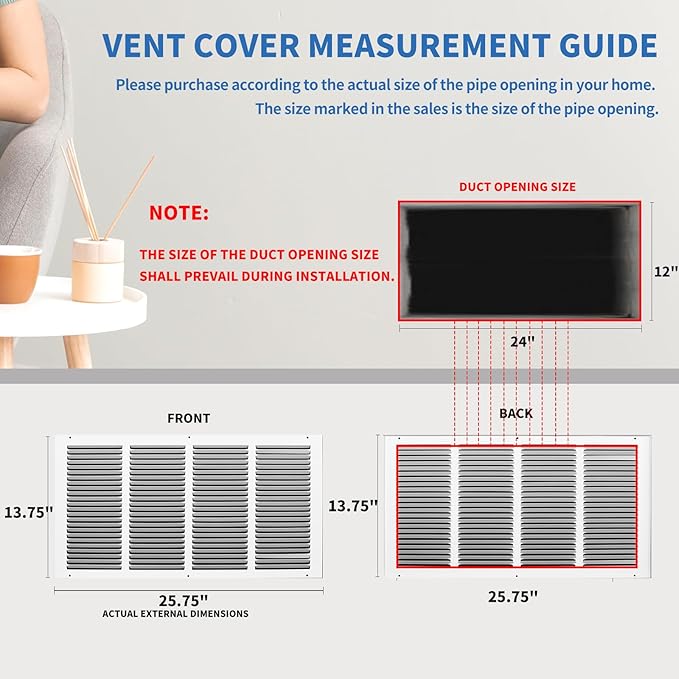 24x12 Return Air Grille (Duct Opening Size), Air Return Vent Cover, AC Vent Cover, Cold Air Return Vent Cover, Flat Return Air Grilles, Outer Dimensions:25.75"W x 13.75"H (24"W x 12"H, Duct Opening)