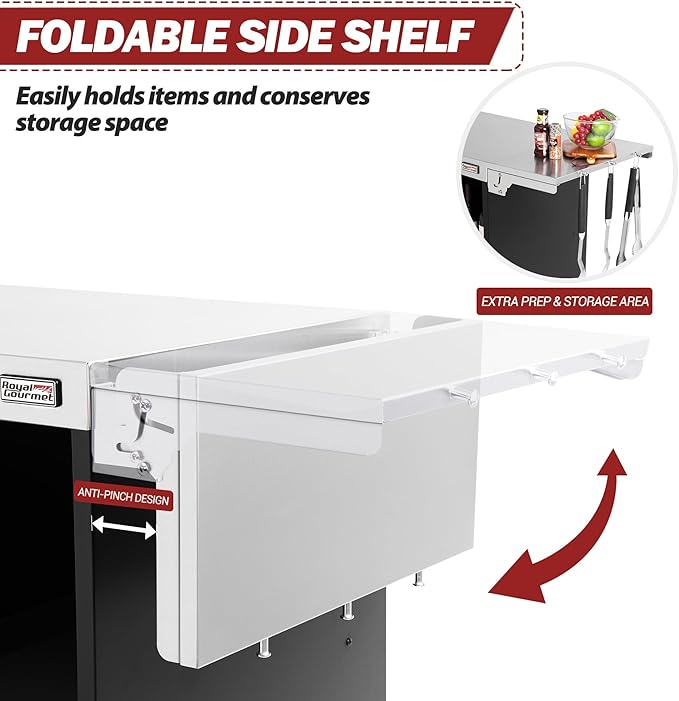 Royal Gourmet PC3201S Movable Grill Cart, 43" L x 24" W Stainless Steel Countertop, Storage Cabinet with Single-Door, Foldable Side Shelf, Tool Hooks & Inner Shelves, for Indoor & Outdoor Use, Black