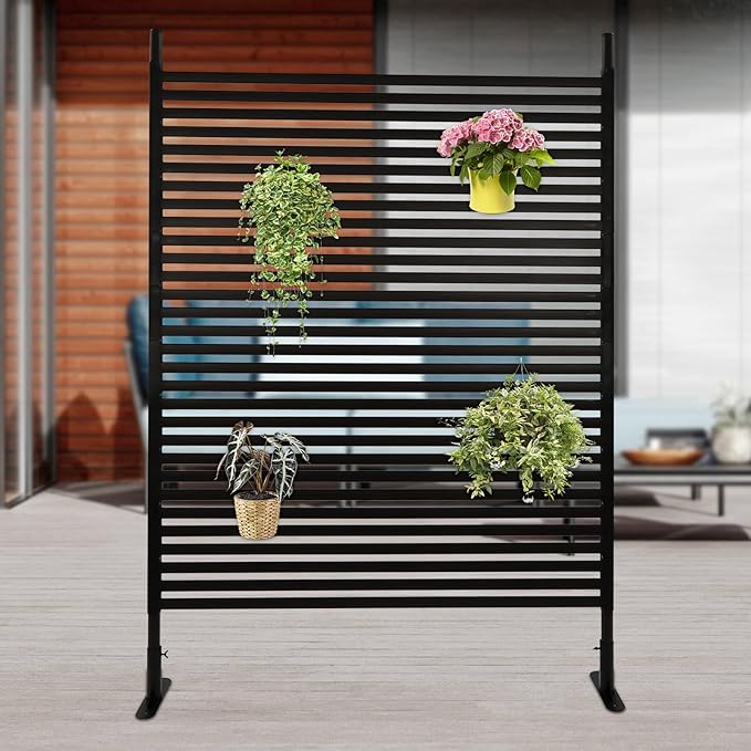 Outdoor Privacy Screens Freestanding, 47" W x 71" H Metal Slatted Decorative Privacy Screen and Panels with Stand, Brown Backyard Panels for Garden Patio
