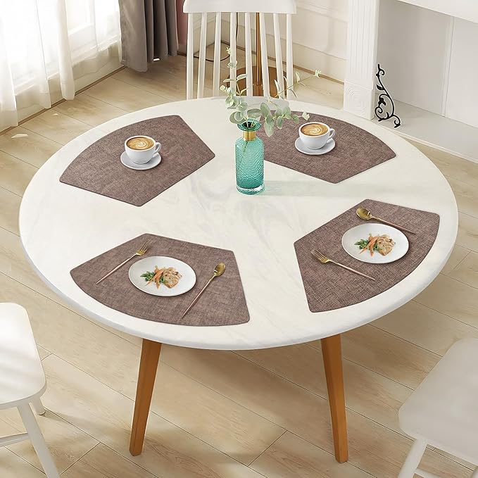 Round Table Placemats Set of 4, Faux Leather Wedge Shape Place Mats Heat Resistant Wipeable Washable Table Mats for Dining Outdoor Indoor, Brown