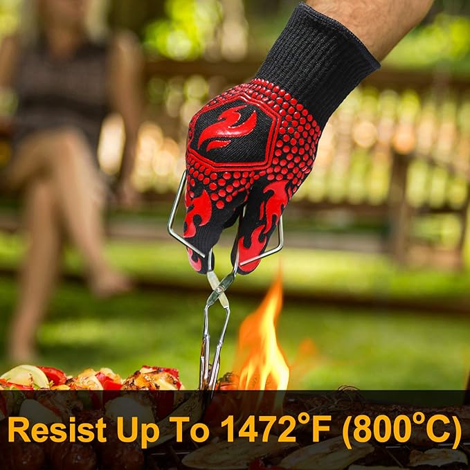 QUWIN BBQ Gloves, BBQ Accessories 1472℉ Extreme Heat Resistant, Grilling Gloves Silicone Non-Slip Oven Mitts, Kitchen Gloves for BBQ, Grilling, Cooking, Baking-1 Pair… (One Size Fits Most, Red)