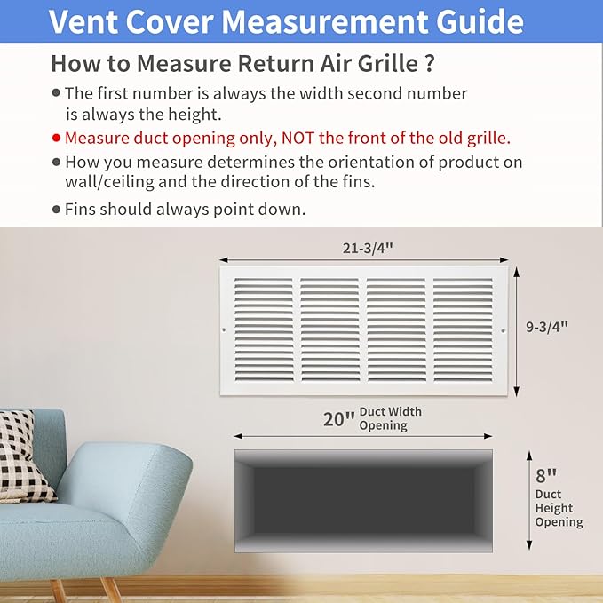 20"W x 8"H [Duct Opening Size] Steel Return Air Grille, Air Return Vent Cover for Ceiling and Sidewall - HVAC Air Vent Covers - [Outer Dimensions: 21.75"W x 9.75"H]