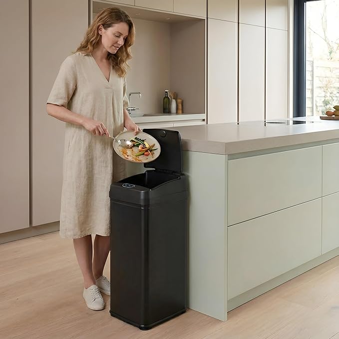 iTouchless 50 Liter / 13 Gallon Kitchen Trash Can with Lid & AbsorbX Odor Filter – Motion Sensor Matte Black Stainless Steel Garbage Bin for Home, Office, or Garage – Slim, Large Capacity Design