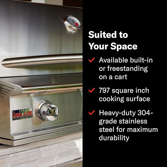 Blaze Outdoor Grill | 44-inch Stainless Steel Natural Gas BBQ | Built-In 4 Burner Barbecue | Rotisserie | Rear Infrared Burner & LED Lights | BLZ-4PRO-NG