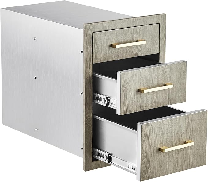 Stainless Steel Outdoor Kitchen Triple Drawers 14" W x 20.3" D x 23" H - Heavy Duty with Handles, Weather-Resistant Flush Mount for BBQ Island, Patio Grill & Outdoor Cooking Space