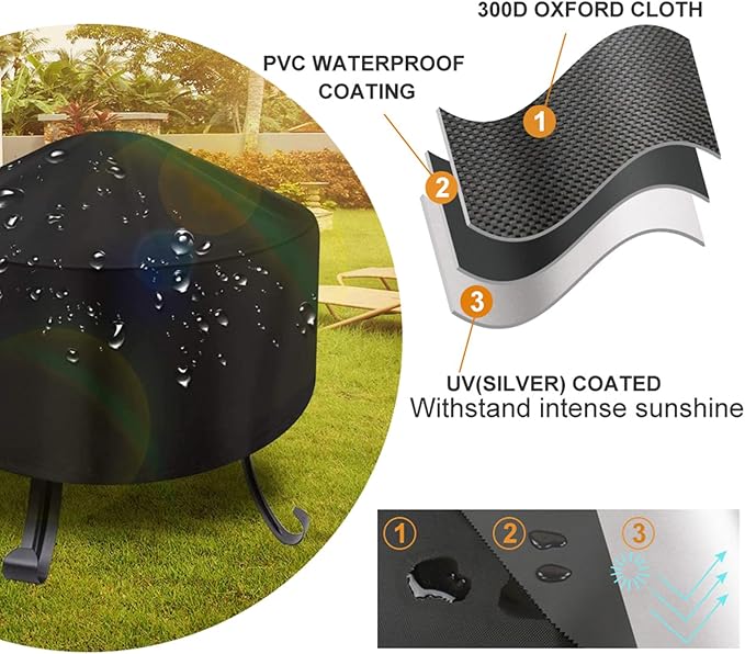 44-Inch Fire Pit Cover for 42-44 inch Round Fire Pit, Heavy Duty 300D Oxford Fabric Waterproof Dustproof Fire Bowl Cover All-Season Protection 44"Dia x 24"H