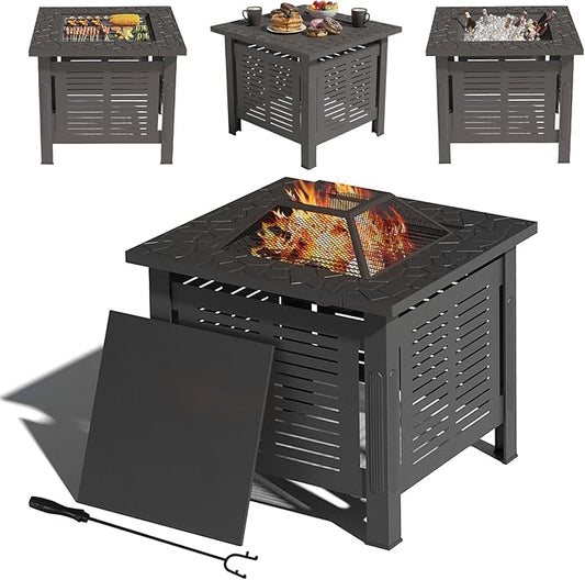U-MAX Fire Pit Table, 30 Inch Wood Burning BBQ Grill Firepits, Metal Fireplaces with Waterproof Cover, 3 in 1 Fire Pits for Outside Party Barbecue Camping Picnic on Deck Backyard Garden, Black