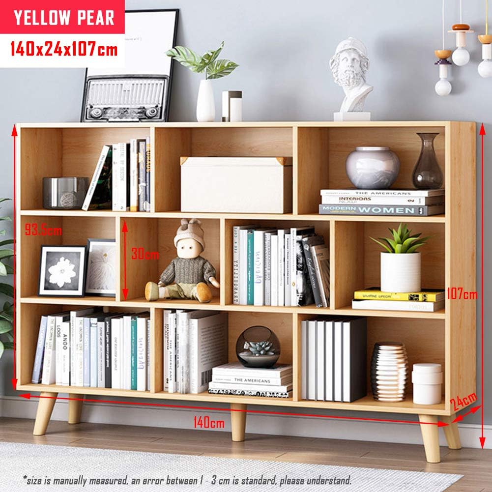 IOTXY Wooden Open Shelf Bookcase - 3-Tier Floor Standing Display Cabinet Rack with Legs, 10 Cubes Bookshelf, Pear Yellow