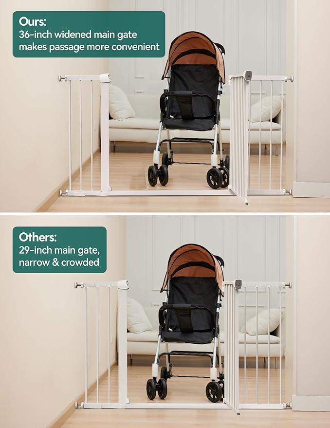 BABELIO 36-57" Extra Wide Baby/Chlid Gate, Auto Close Dog/Pet Barrier with Large Walk Thru Door,Safety for The House, Stairs and Doorways,Pressure Mounted, White