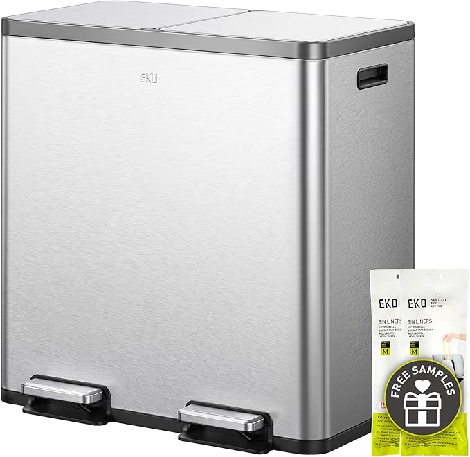 EKO EcoCasa Plus 2 x 10.6 Gal Dual Recycling Trash Can for Kitchen, Large Stainless Steel Step-On Garbage Can with Soft-Close Lids, Odor-Proof and Fingerprint-Resistant, Removable Buckets with Handles