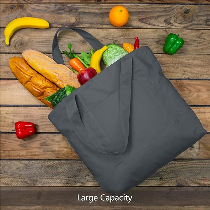 TOPDesign 3-Pack Canvas Tote Bags with an External Pocket, Reusable Grocery Shopping Bags, Top Zipper Closure, Daily Essentials (Grey)