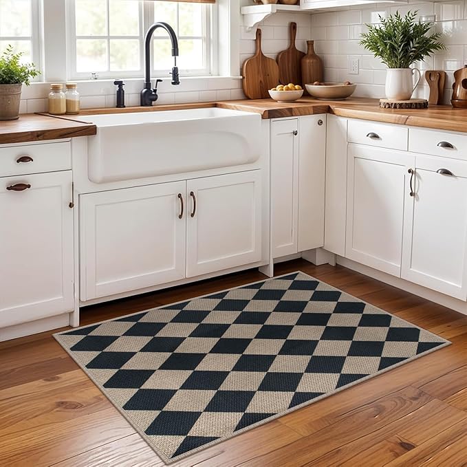 Easy Jute Checkered Entryway Rug, 2x3 Black Modern Indoor Outdoor Doormat, Washable Non-Slip Neutral Small Kitchen Rug Farmhouse Diamond Throw Rugs for Entrance Bedroom Bathroom