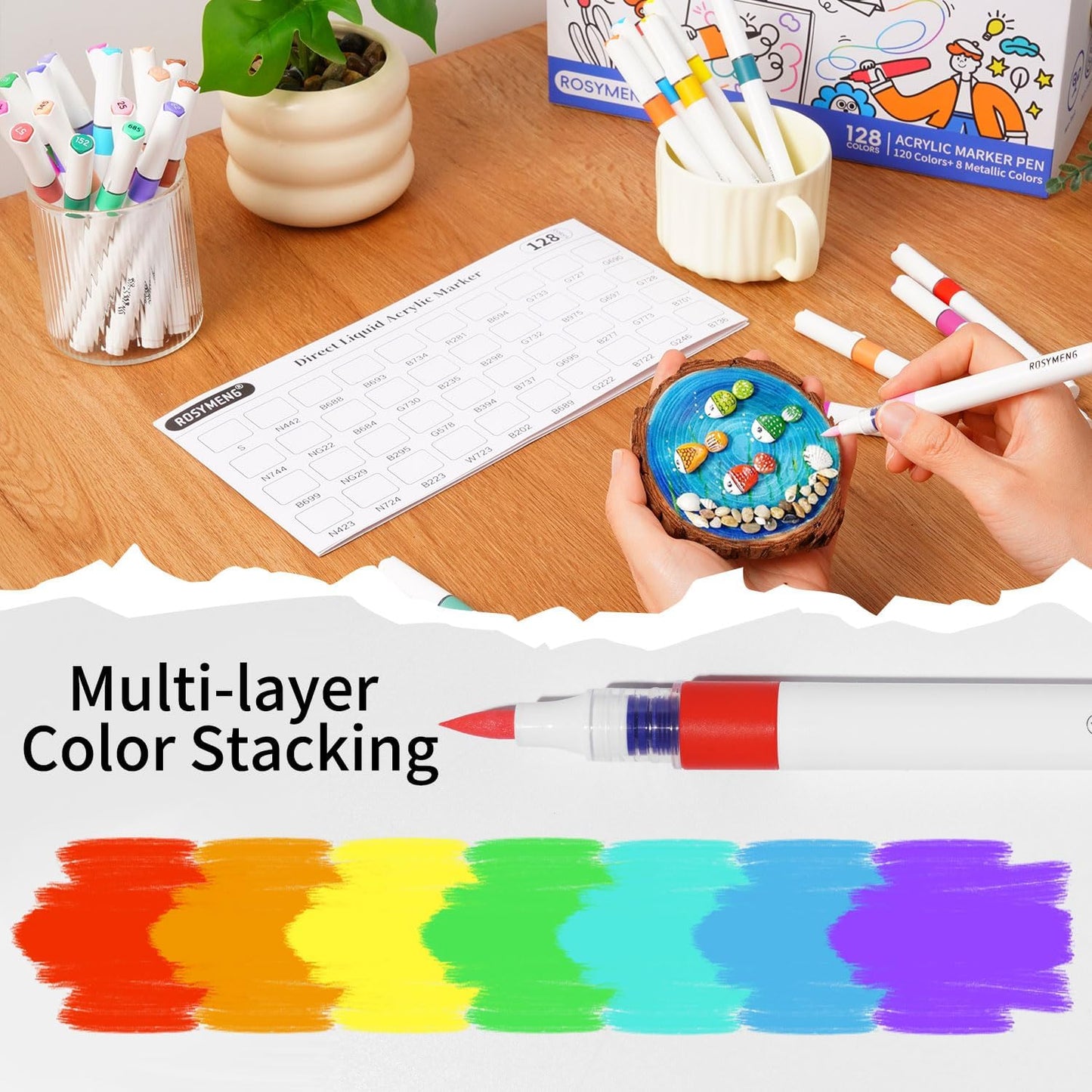 ROSYMENG 9 Color Acrylic Paint Pens,Quick-Drying Waterproof Acrylic Paint Markers, Soft Brush Tip Acrylic Markers for Canvas, Rock Painting, Wood, Stone, Glass, Ceramic, Fabric Painting, DIY Crafts