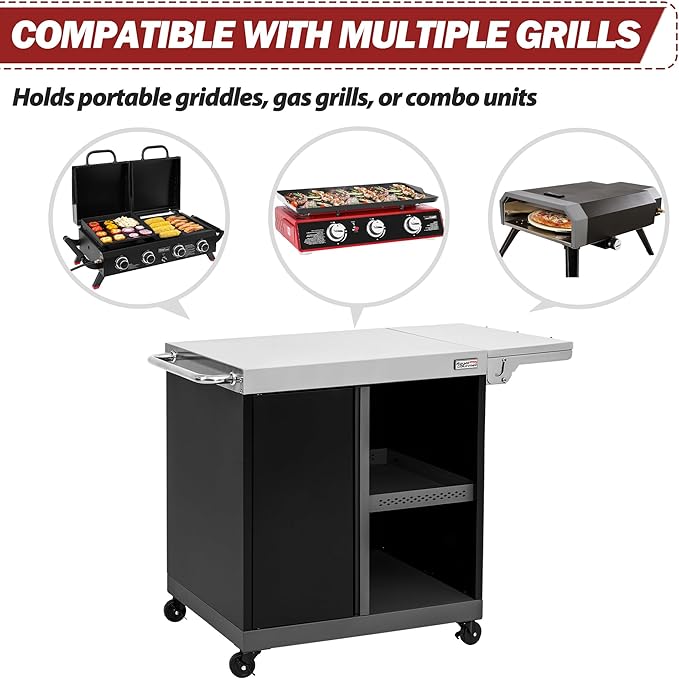 Royal Gourmet PC3201S Movable Grill Cart, 43" L x 24" W Stainless Steel Countertop, Storage Cabinet with Single-Door, Foldable Side Shelf, Tool Hooks & Inner Shelves, for Indoor & Outdoor Use, Black