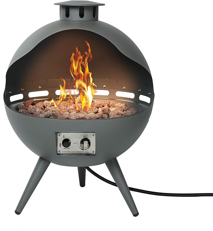 24-Inch Chimenea Outdoor Gas Fireplace, 55,000 BTU Propane Fire Pit with Lava Rocks and Rain Cover, Hemispherical 3-Legged Firepit, Gray