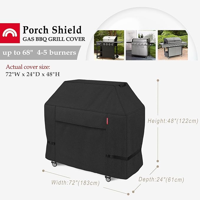 Porch Shield 72W x 24D x 48H inch Premium Gas Grill Cover Up to 68 inch, Waterproof and Fade Resistant 600D BBQ Covers for Weber, Brinkmann, Char-Broil and More, Black