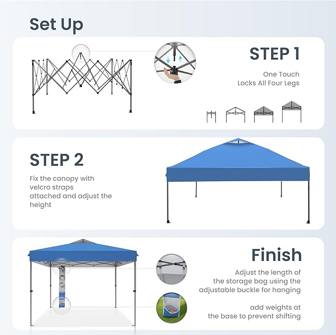 PHI VILLA 10x10 Pop Up Canopy Tent - One Push Setup, Instant Shade Tent with Vented Roof for Beach & Events - Includes Storage Bag, Sandbags, Stakes & Ropes (Blue)
