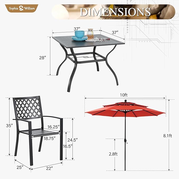Sophia & William Metal Outdoor Patio Dining Set 6 PCS with 10ft 3 Tier Auto-tilt Umbrella(Orange Red), 4 x Metal Outdoor Chairs, 1 x Square 37"x 37" Dining Table and 1 Patio Umbrella