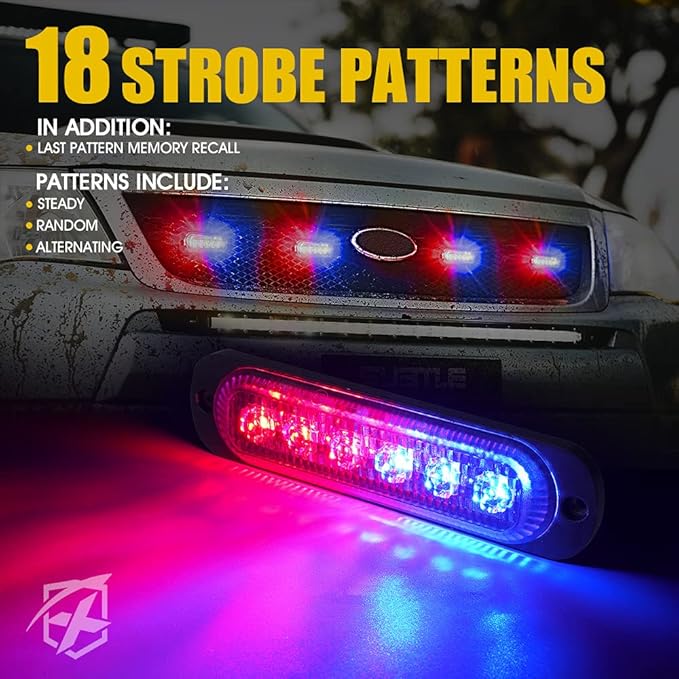 Xprite 10PCS LED Emergency Strobe Lights, Red Blue 12-LED Surface Mount Flashing Strobe Lights, Sync Feature Ultra Slim Grill Light for Volunteer Trucks ATV SUV Vehicles