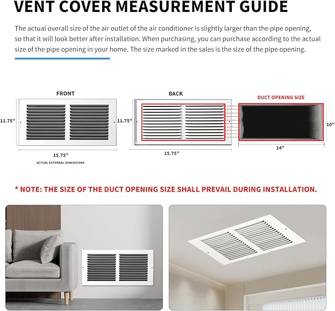 14x10 Return Air Grille(Duct Opening Size),Air Return Vent Cover,Flat Vent Cover,Rejillas De Aire Acondicionado para Casa,Return Air Grilles,Outer Dimensions:15.75"Wx11.75"H(14"Wx10"H, Duct Opening)