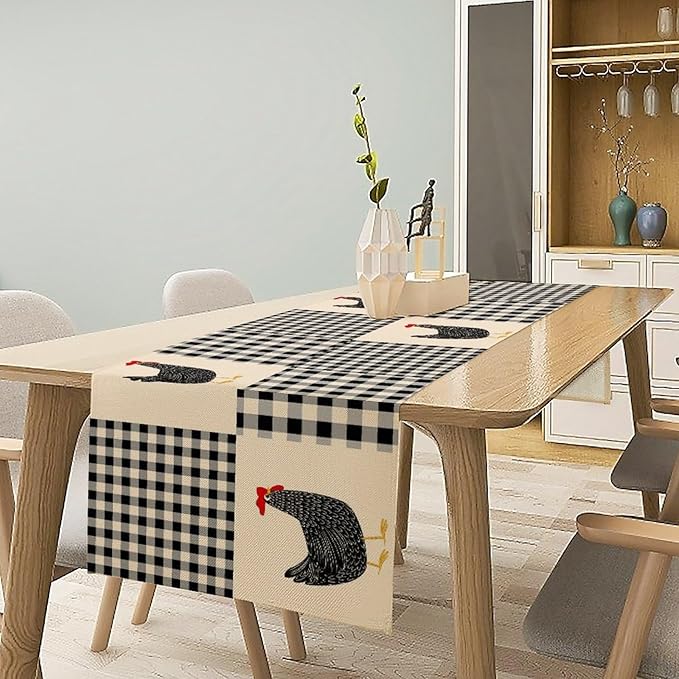 Farm Animal Table Runner, Chicken Hen Black White Buffalo Plaid Check Farmhouse Chick Table Runner for Home Kitchen Holiday Dining Party 13x90in