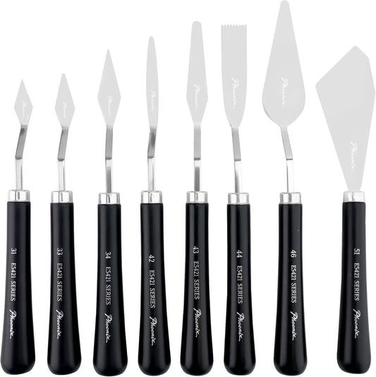 PHOENIX High Flexible Palette Knife Set, 8 Pieces Stainless Steel Painting Knives (31,33,34,42,43,44,46,51) Art Knife with Wood Handle, Paint Spatula for Oil Acrylic Paint