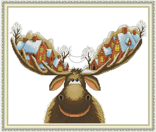 CROSSDECOR Cross Stitch Stamped Kits 11CT 21X18 inch Holiday Gift Pre-Printed Cross-Stitching Starter Patterns for Beginner Kids or Adults, Embroidery Needlepoint Kits Christmas Deer