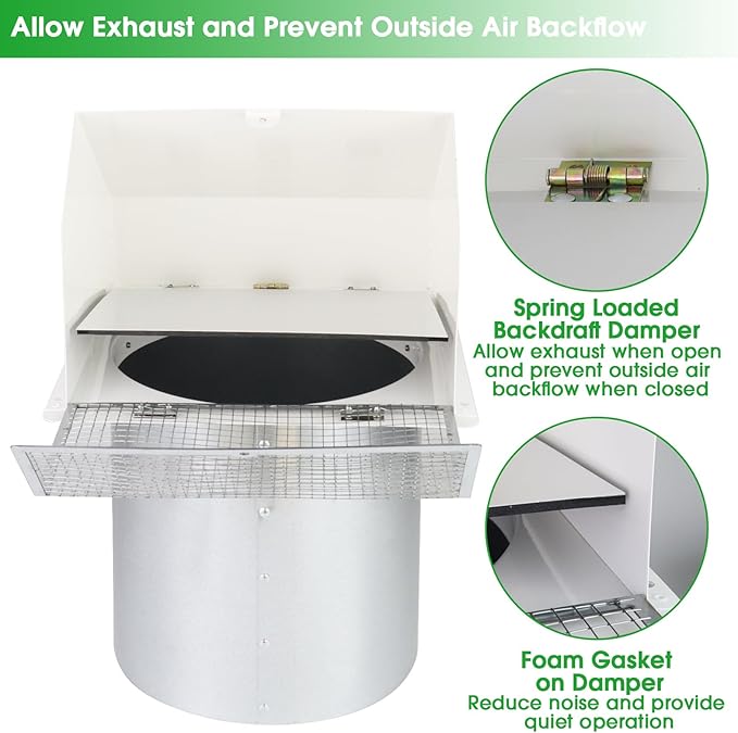 8 Inch Hooded Wall Vent with Screen and Damper,Outdoor Wall Exhaust Vent Cover Wall Cap for Exterior Kitchen Range Hood Ventilation Dryer HVAC Duct Air Exhaust, Galvanized Steel, White