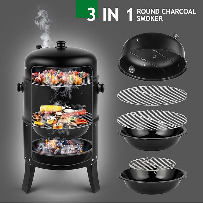 3-in-1 Vertical Charcoal Smoker Grill - Heavy Duty Portable Outdoor BBQ with Smoking Function, Built-in Thermometer, Air Vent & 2 Access Doors for Backyard Parties, Camping
