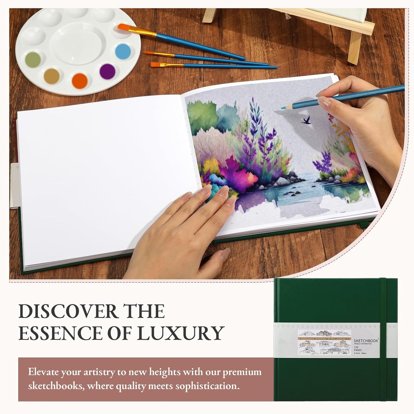 Moinchore Back to School Gifts Square Sketchbook 8 x 8 Inch Hardcover Art Sketch Book Drawing Papers 120 Pages, Mixed Media Journal Notebook with Elastic Closure Sketchbook for Drawing(Green)