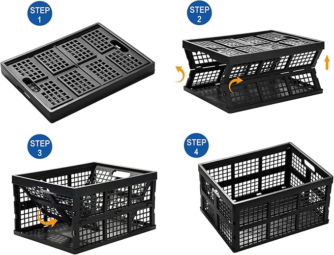 34L Large Plastic Folding Storage Crates,Collapsible Crates for Storage,Pack of 3 (Black)