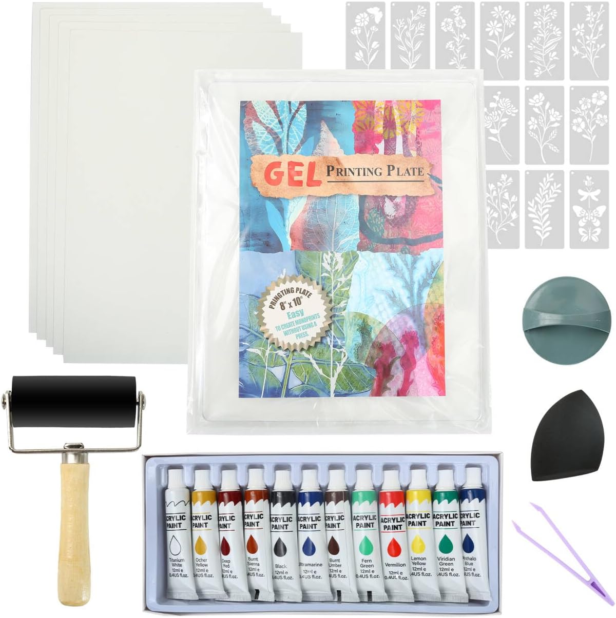 Gel Printing Plate kit - Gel Plate Printing for Mixed Media Art, 8" X 10" Gel Plate,Printing Supplies, Reusable Gel Plate Kit for Card Making, Brayers for Gel Printing, Printmaking Supplies Home Decor
